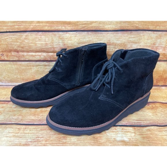 Clarks Sharon Hop Wedge Heel Black Suede Ankle Boot Womens 7.5 M / 38 (L7d) - Picture 1 of 10